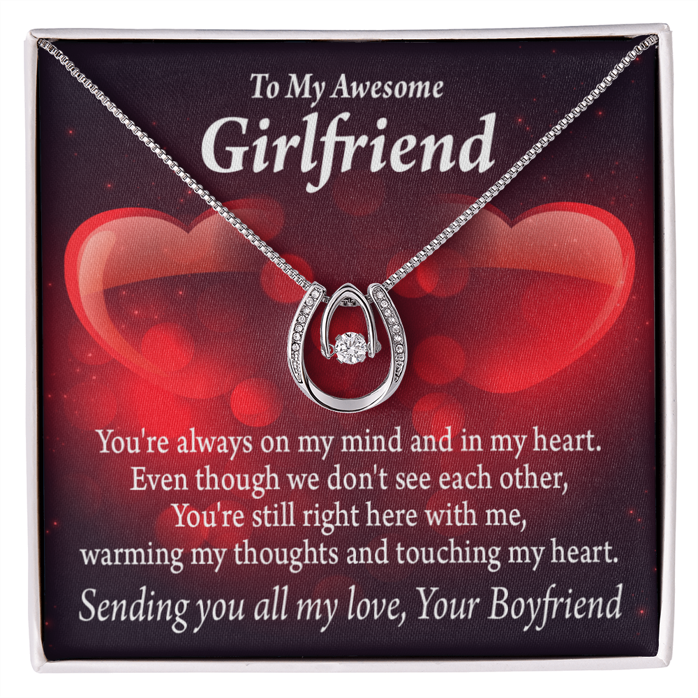 To My Girlfriend Always Warm My Thoughts Lucky Horseshoe Necklace Message Card 14k w CZ Crystals-Express Your Love Gifts