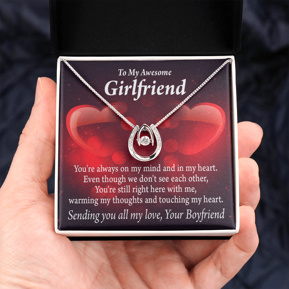 To My Girlfriend Always Warm My Thoughts Lucky Horseshoe Necklace Message Card 14k w CZ Crystals-Express Your Love Gifts