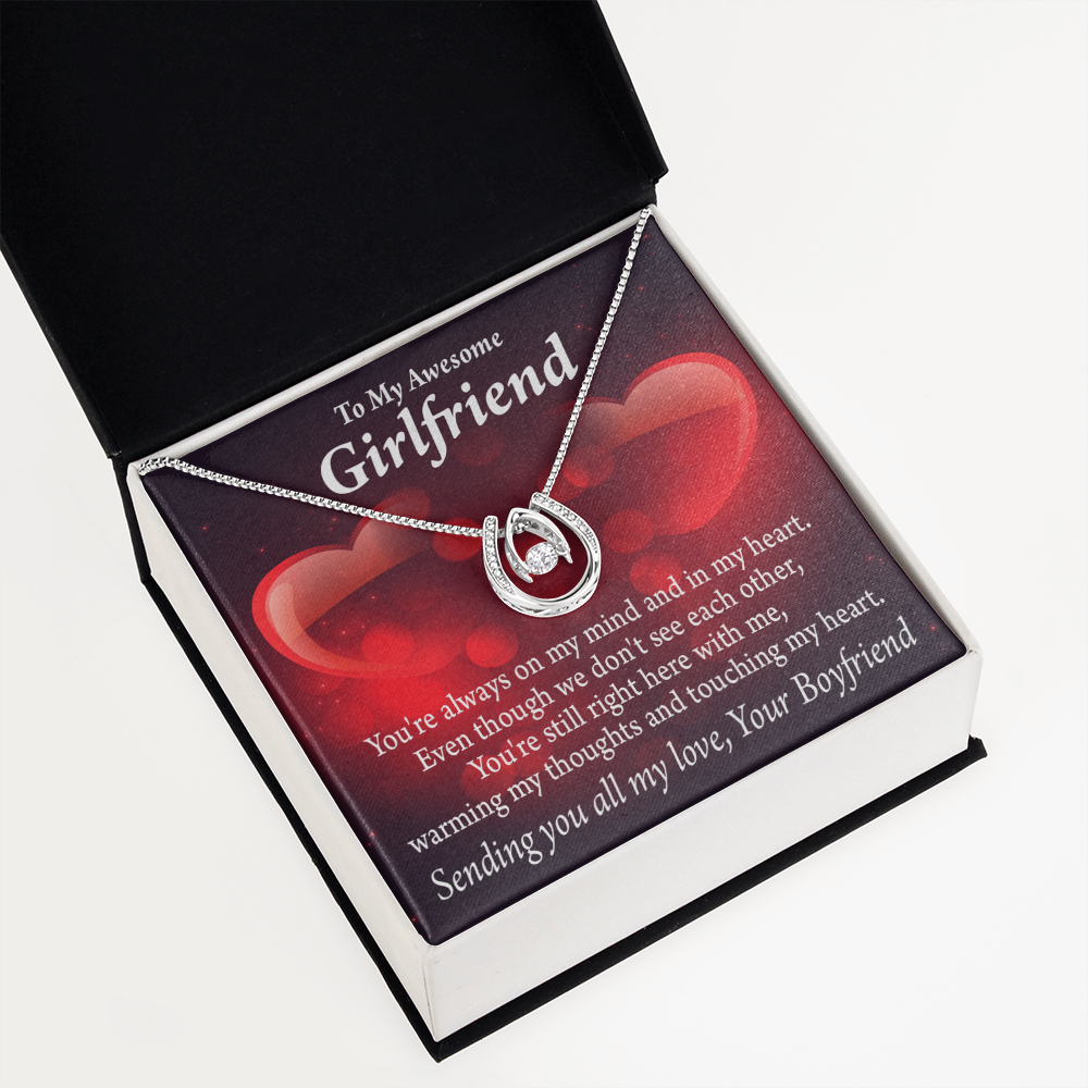 To My Girlfriend Always Warm My Thoughts Lucky Horseshoe Necklace Message Card 14k w CZ Crystals-Express Your Love Gifts