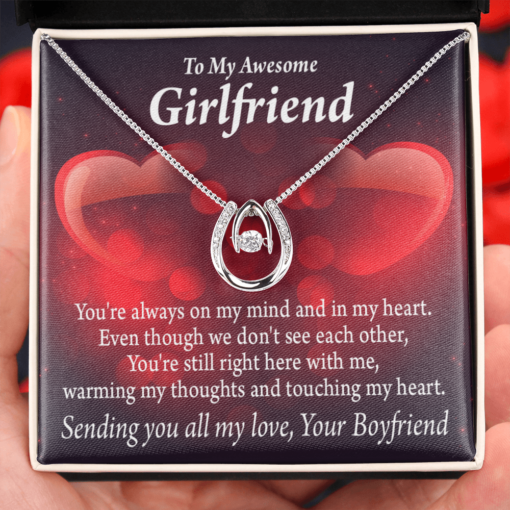 To My Girlfriend Always Warm My Thoughts Lucky Horseshoe Necklace Message Card 14k w CZ Crystals-Express Your Love Gifts