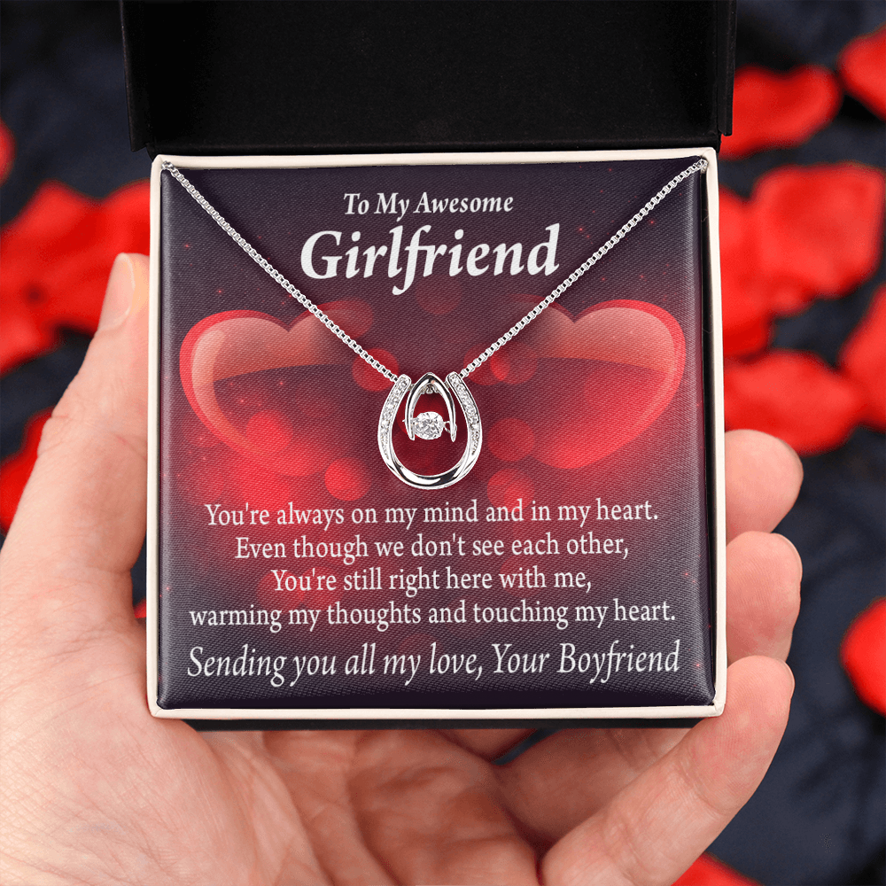 To My Girlfriend Always Warm My Thoughts Lucky Horseshoe Necklace Message Card 14k w CZ Crystals-Express Your Love Gifts