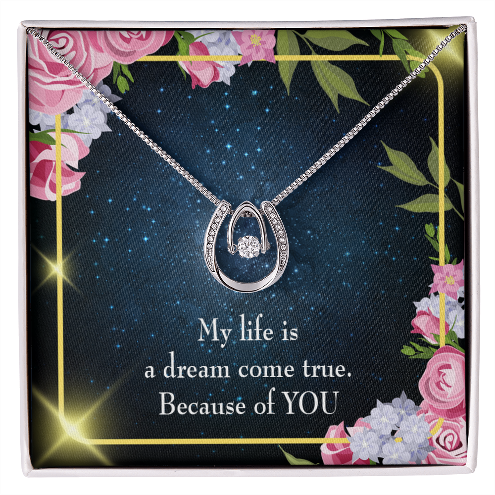 To My Girlfriend Because of YOU Lucky Horseshoe Necklace Message Card 14k w CZ Crystals-Express Your Love Gifts