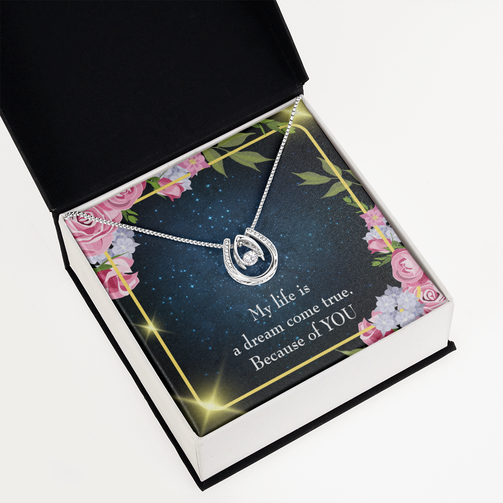 To My Girlfriend Because of YOU Lucky Horseshoe Necklace Message Card 14k w CZ Crystals-Express Your Love Gifts