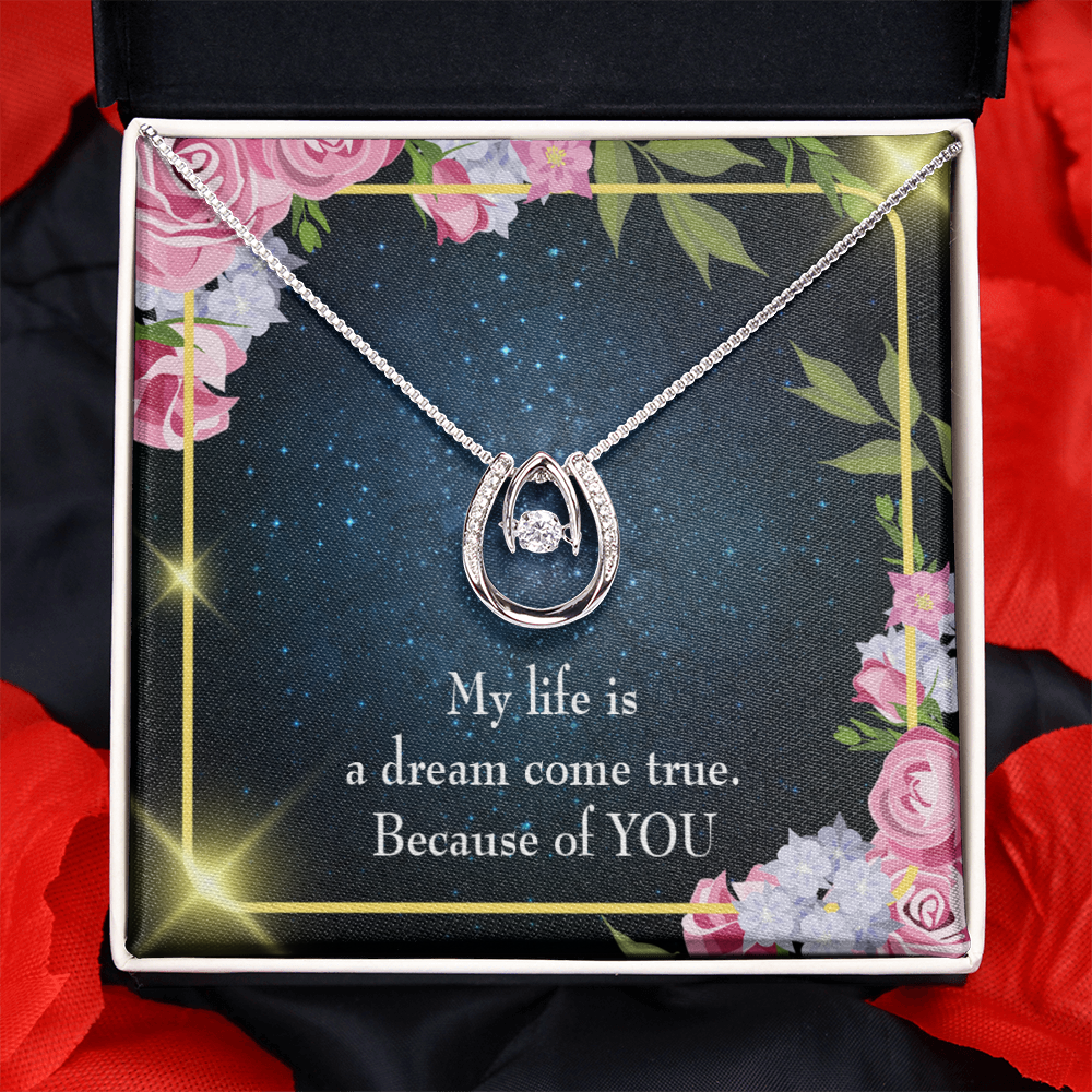 To My Girlfriend Because of YOU Lucky Horseshoe Necklace Message Card 14k w CZ Crystals-Express Your Love Gifts