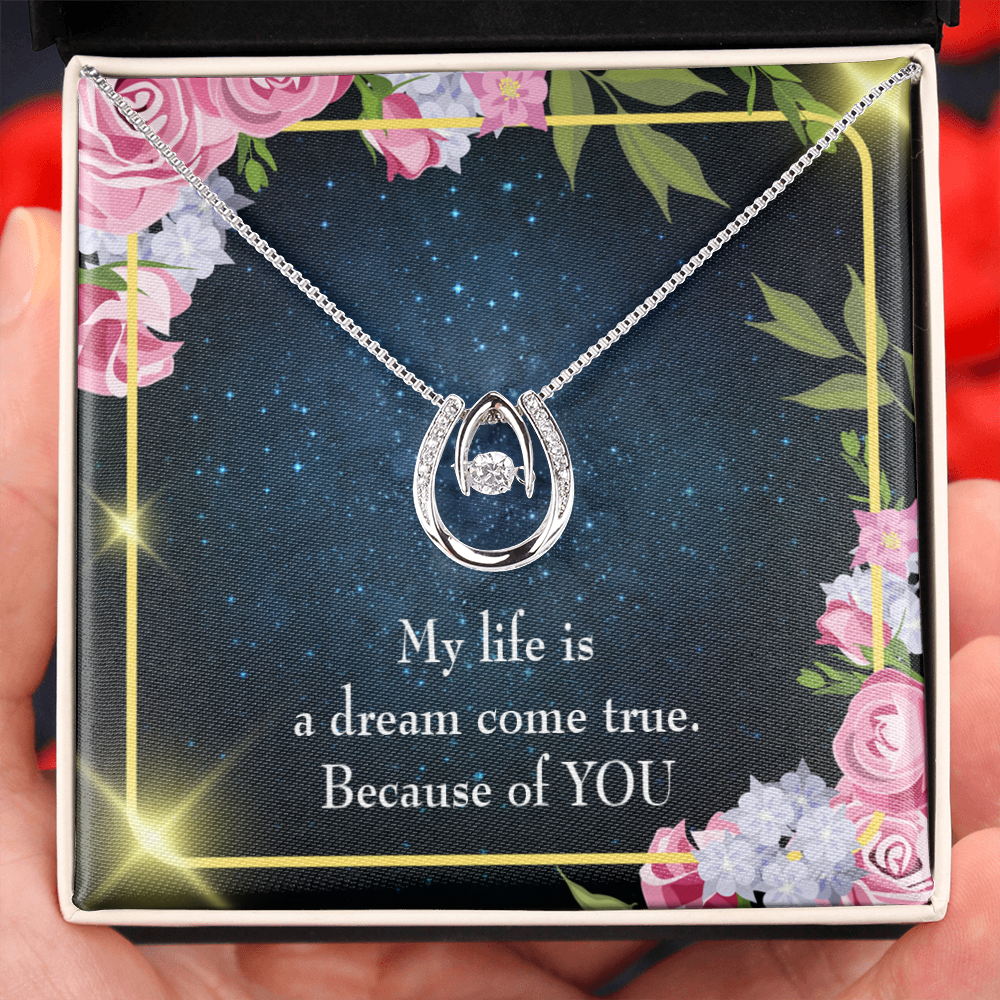 To My Girlfriend Because of YOU Lucky Horseshoe Necklace Message Card 14k w CZ Crystals-Express Your Love Gifts