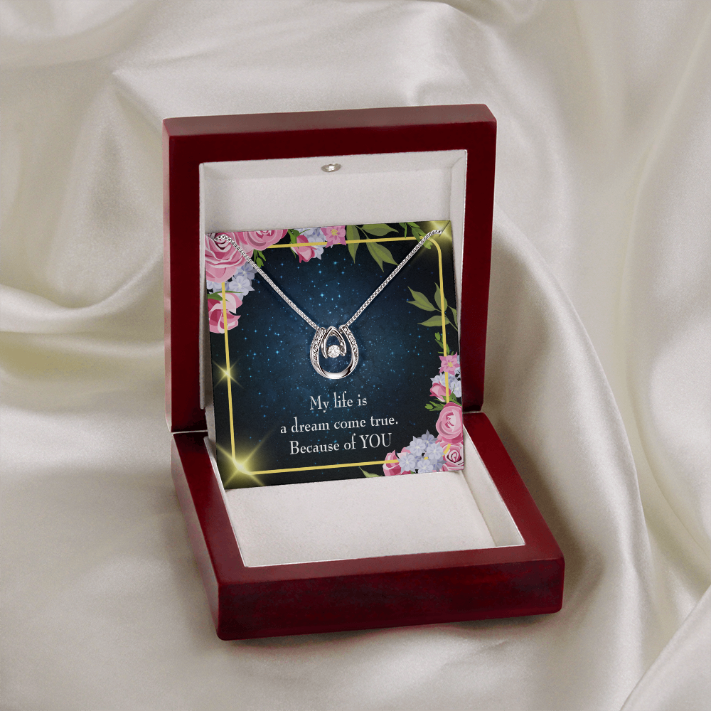 To My Girlfriend Because of YOU Lucky Horseshoe Necklace Message Card 14k w CZ Crystals-Express Your Love Gifts