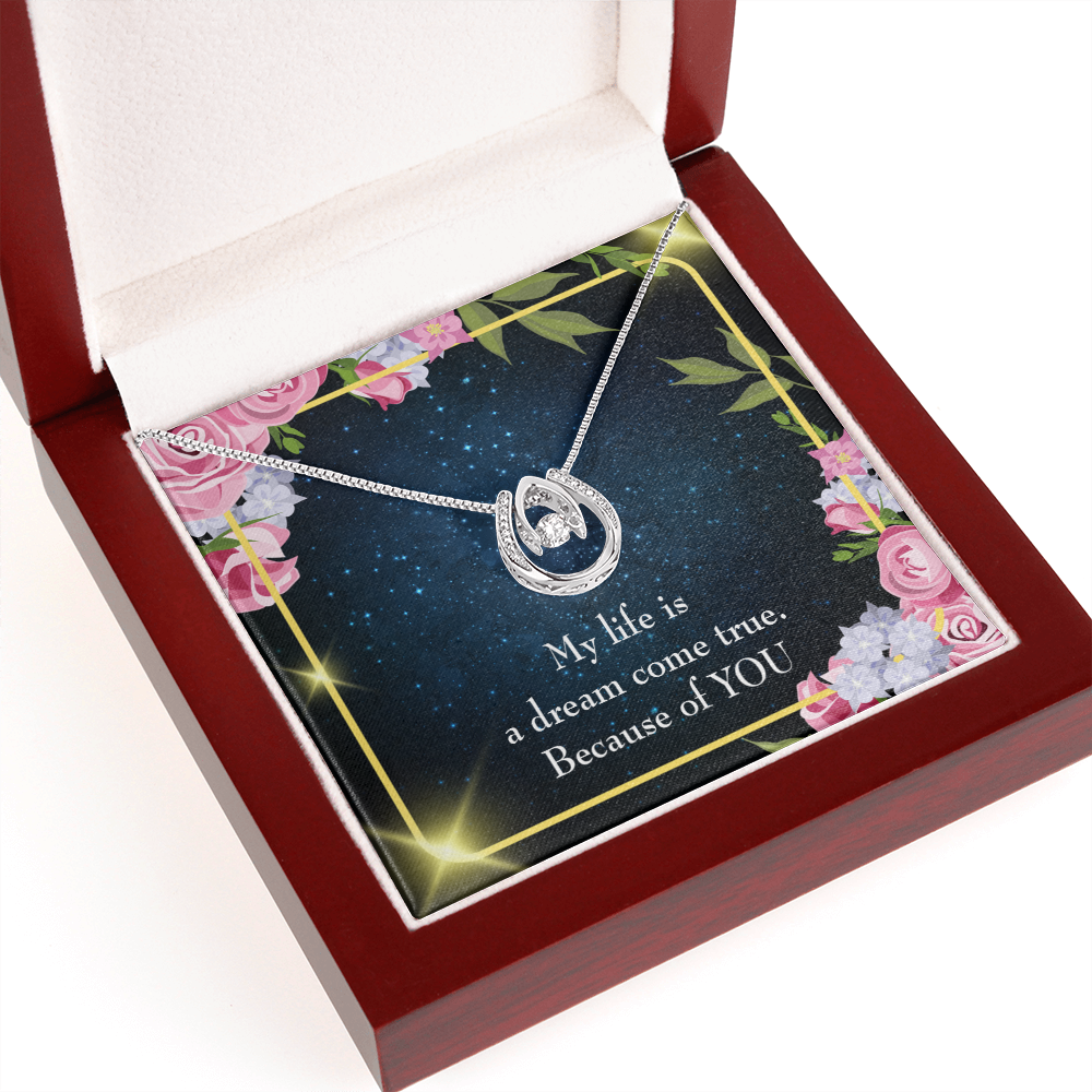 To My Girlfriend Because of YOU Lucky Horseshoe Necklace Message Card 14k w CZ Crystals-Express Your Love Gifts