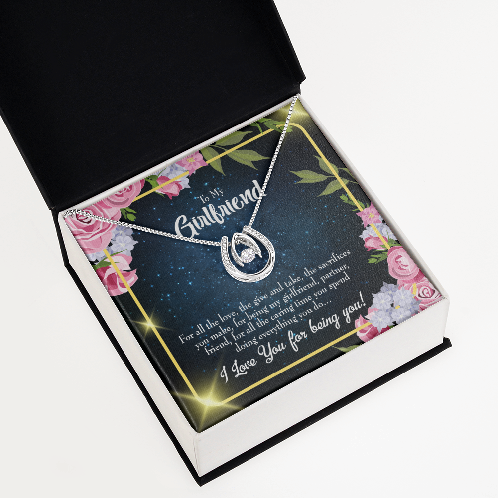 To My Girlfriend Being You Lucky Horseshoe Necklace Message Card 14k w CZ Crystals-Express Your Love Gifts