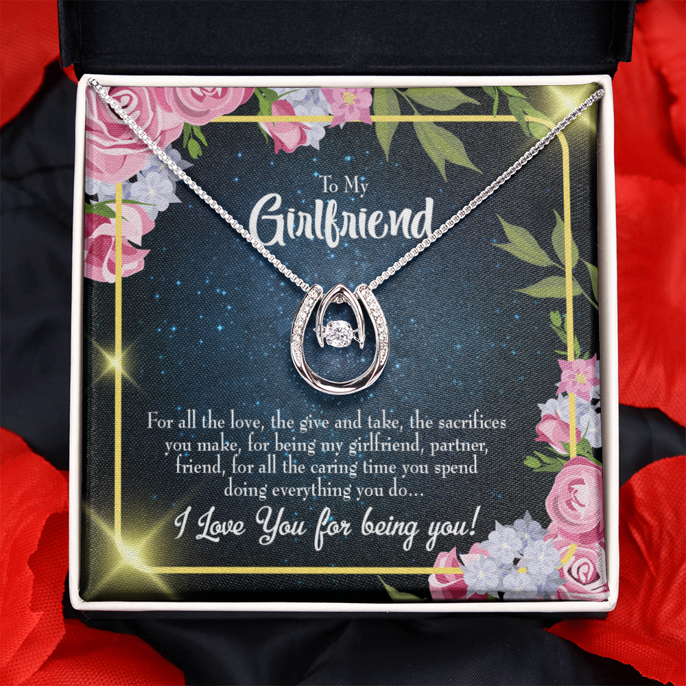 To My Girlfriend Being You Lucky Horseshoe Necklace Message Card 14k w CZ Crystals-Express Your Love Gifts