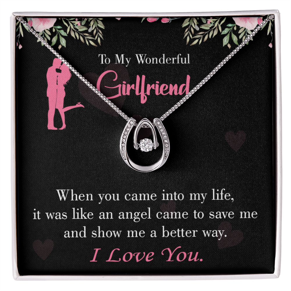 To My Girlfriend Better Way Lucky Horseshoe Necklace Message Card 14k w CZ Crystals-Express Your Love Gifts