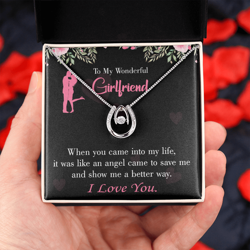 To My Girlfriend Better Way Lucky Horseshoe Necklace Message Card 14k w CZ Crystals-Express Your Love Gifts