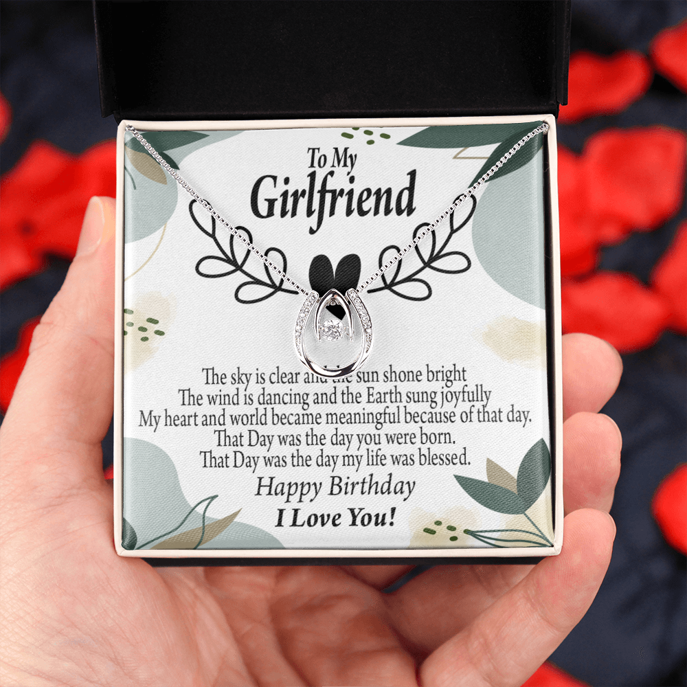 To My Girlfriend Birthday My World Lucky Horseshoe Necklace Message Card 14k w CZ Crystals-Express Your Love Gifts