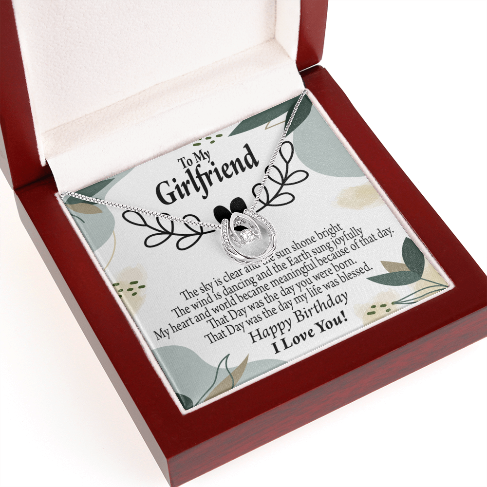 To My Girlfriend Birthday My World Lucky Horseshoe Necklace Message Card 14k w CZ Crystals-Express Your Love Gifts