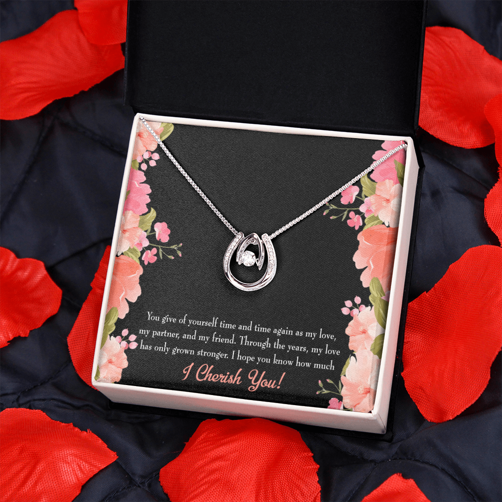 To My Girlfriend Cherish You Lucky Horseshoe Necklace Message Card 14k w CZ Crystals-Express Your Love Gifts