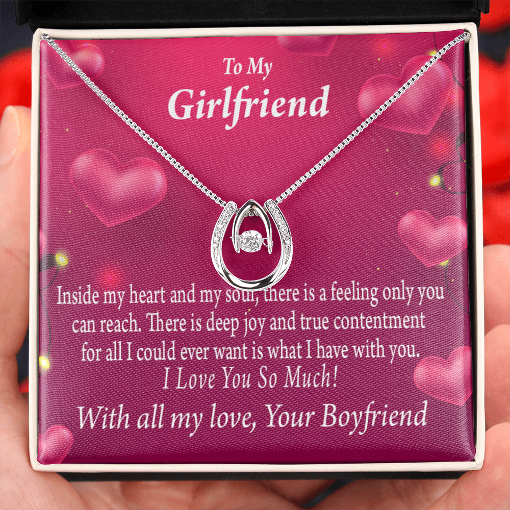 To My Girlfriend Deep Joy And True Contentment Lucky Horseshoe Necklace Message Card 14k w CZ Crystals-Express Your Love Gifts