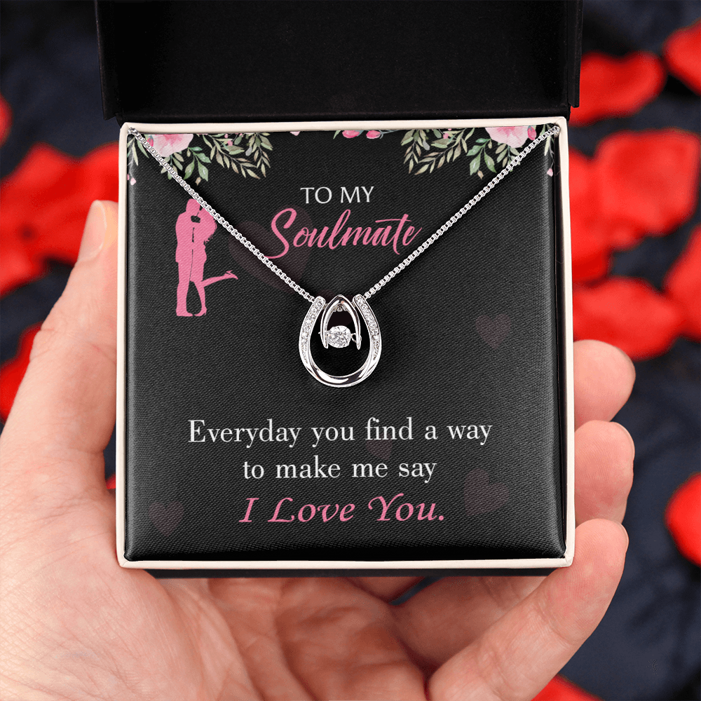 To My Girlfriend Everyday Lucky Horseshoe Necklace Message Card 14k w CZ Crystals-Express Your Love Gifts