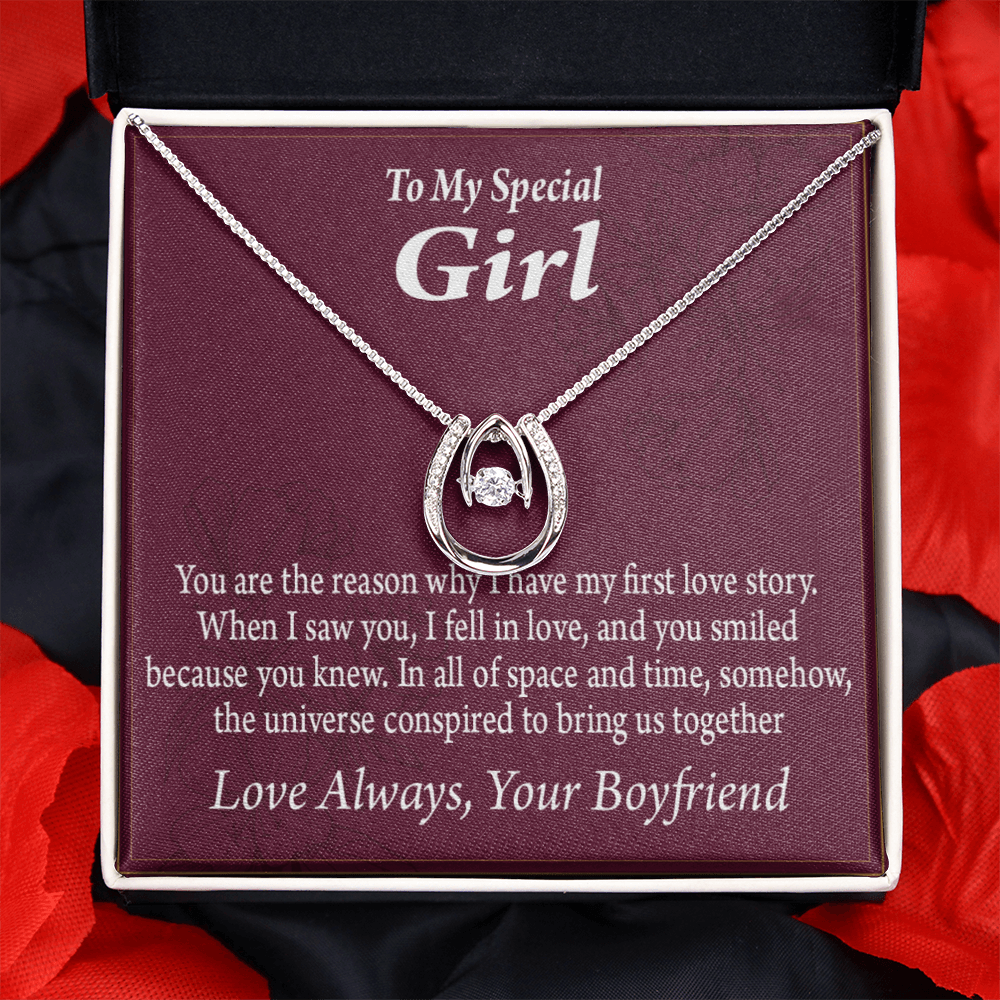To My Girlfriend First Love Story Lucky Horseshoe Necklace Message Card 14k w CZ Crystals-Express Your Love Gifts
