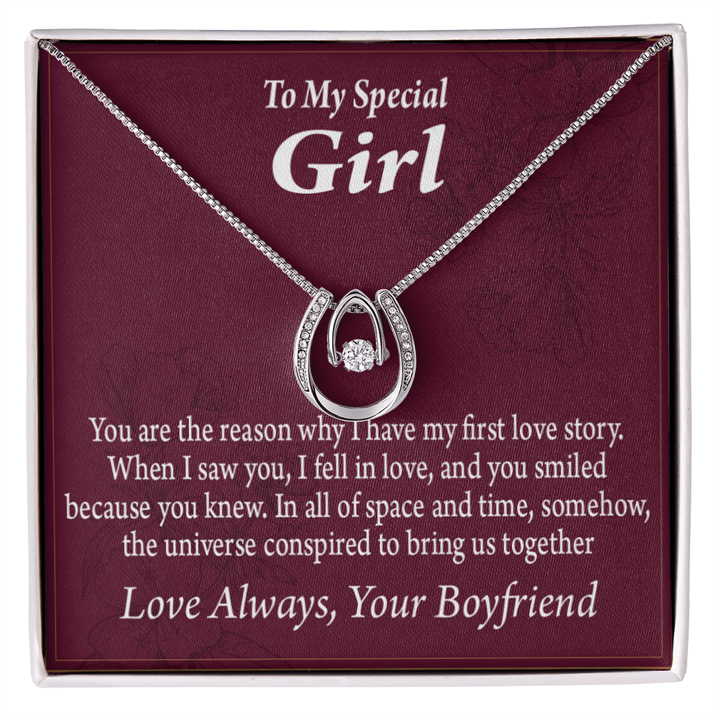 To My Girlfriend First Love Story Lucky Horseshoe Necklace Message Card 14k w CZ Crystals-Express Your Love Gifts