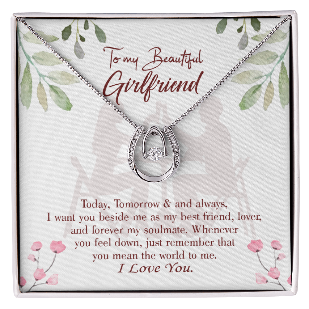 To My Girlfriend Forever My Soulmate Lucky Horseshoe Necklace Message Card 14k w CZ Crystals-Express Your Love Gifts