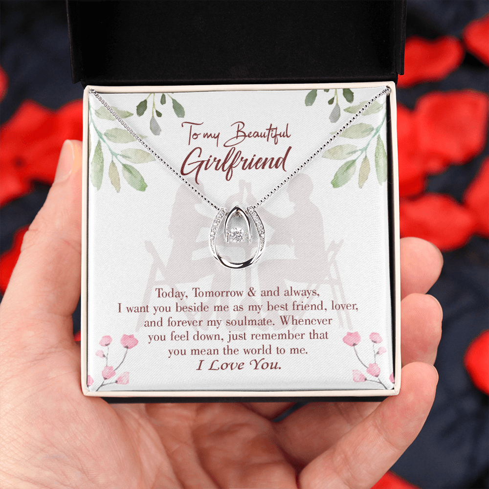 To My Girlfriend Forever My Soulmate Lucky Horseshoe Necklace Message Card 14k w CZ Crystals-Express Your Love Gifts