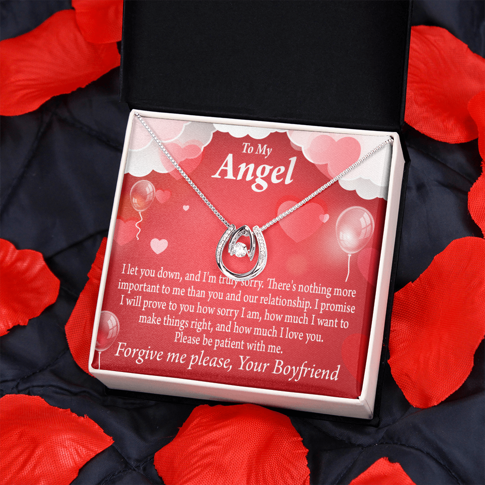 To my Girlfriend Forgive Me Lucky Horseshoe Necklace Message Card 14k w CZ Crystals-Express Your Love Gifts