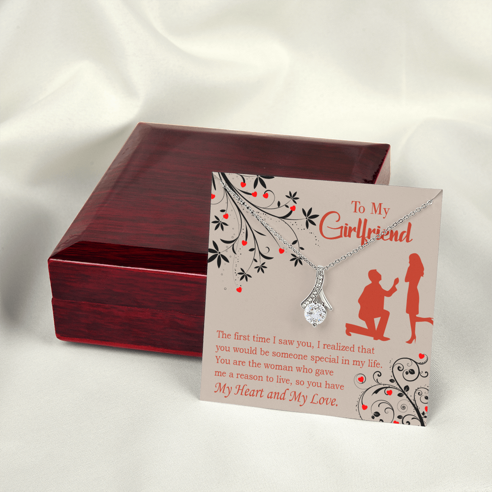 To My Girlfriend Heart and Love Alluring Ribbon Necklace Message Card-Express Your Love Gifts