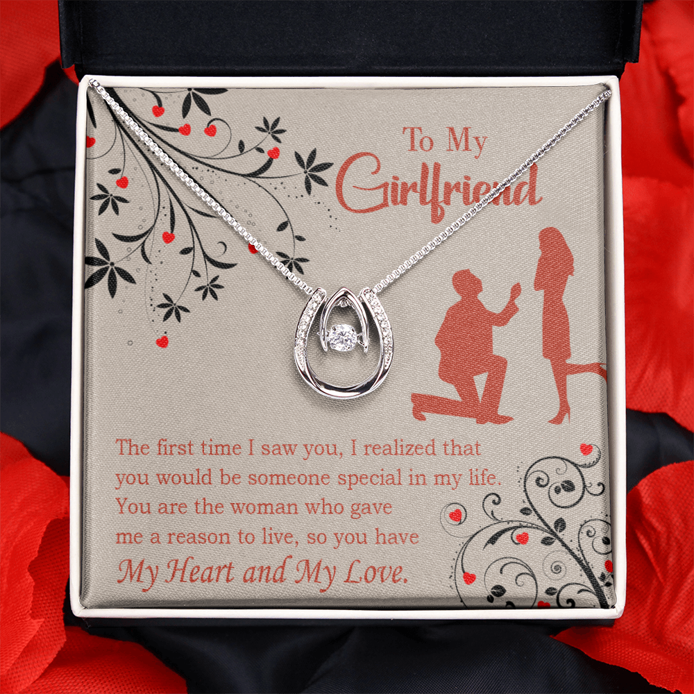 To My Girlfriend Heart and Love Lucky Horseshoe Necklace Message Card 14k w CZ Crystals-Express Your Love Gifts