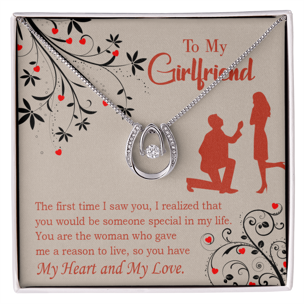 To My Girlfriend Heart and Love Lucky Horseshoe Necklace Message Card 14k w CZ Crystals-Express Your Love Gifts