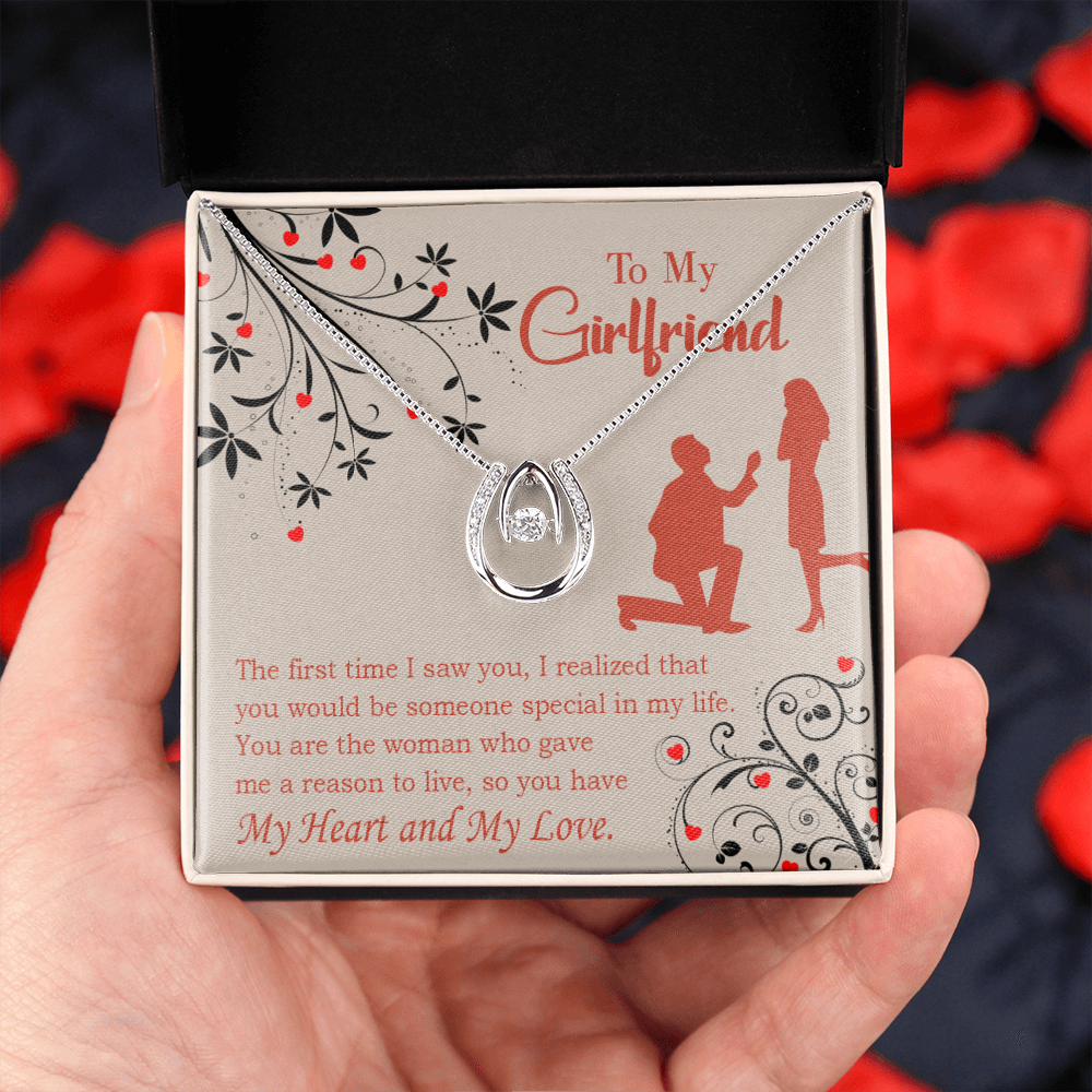 To My Girlfriend Heart and Love Lucky Horseshoe Necklace Message Card 14k w CZ Crystals-Express Your Love Gifts