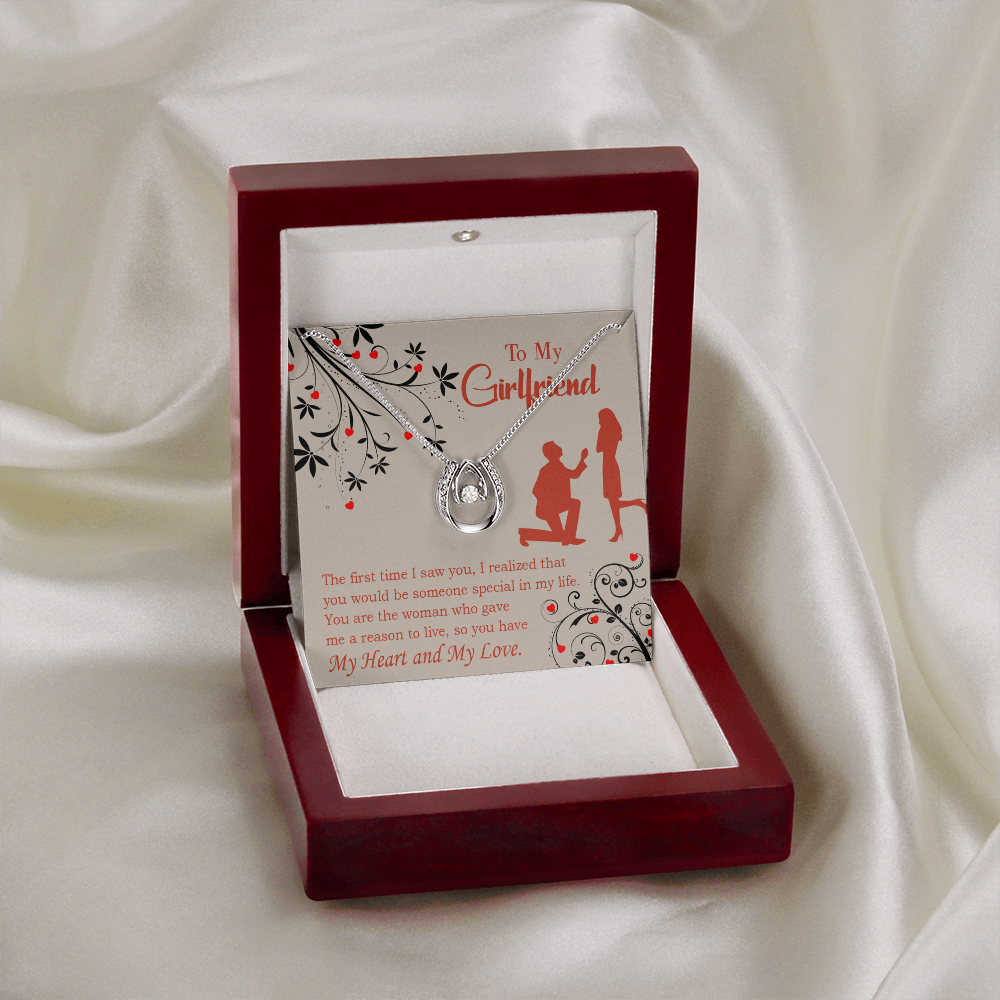 To My Girlfriend Heart and Love Lucky Horseshoe Necklace Message Card 14k w CZ Crystals-Express Your Love Gifts