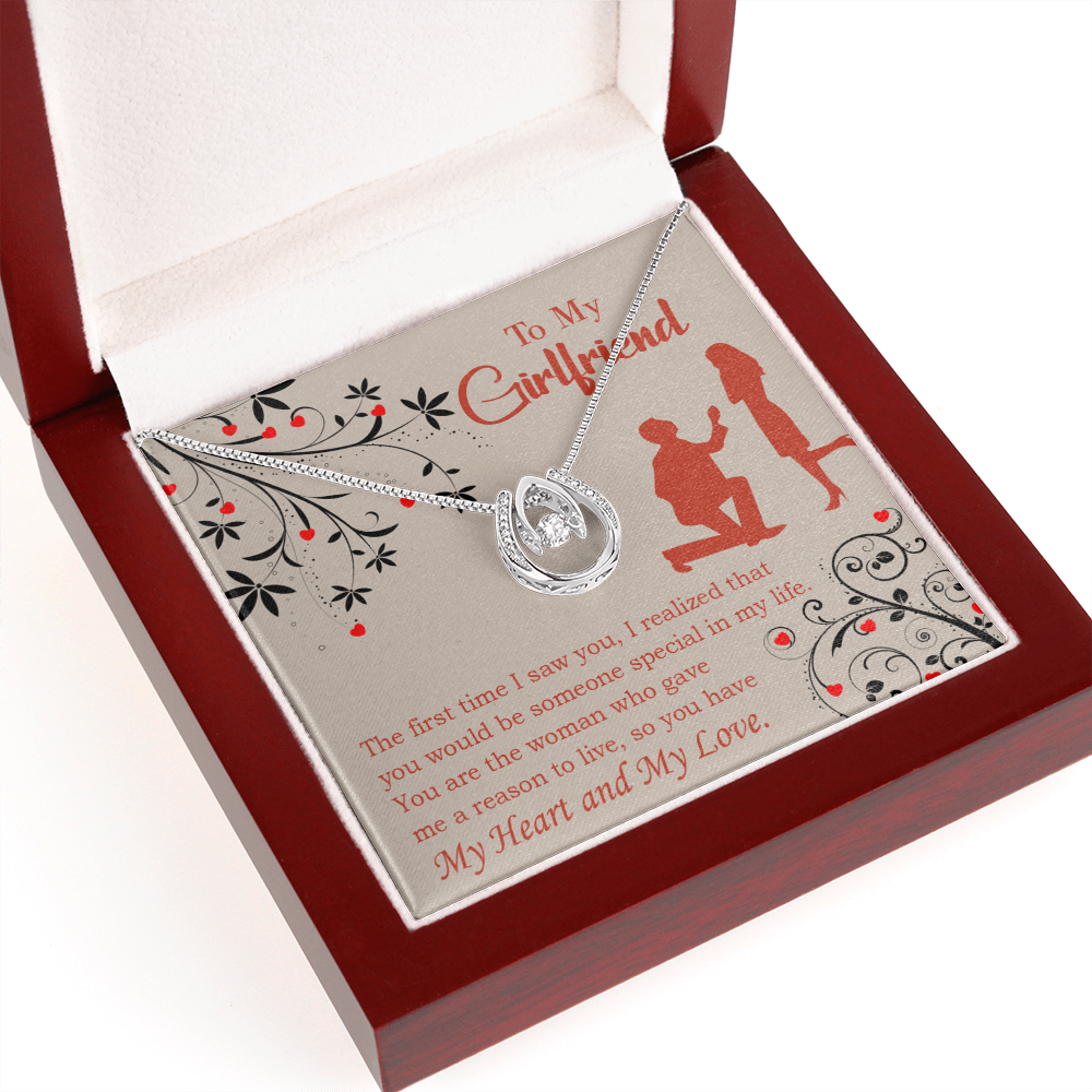 To My Girlfriend Heart and Love Lucky Horseshoe Necklace Message Card 14k w CZ Crystals-Express Your Love Gifts