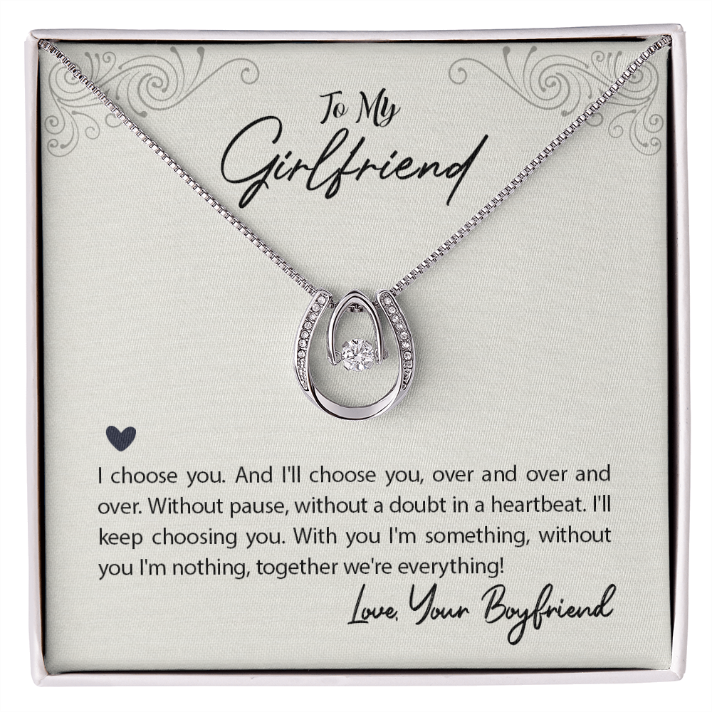 To My Girlfriend I Choose You Lucky Horseshoe Necklace Message Card 14k w CZ Crystals-Express Your Love Gifts