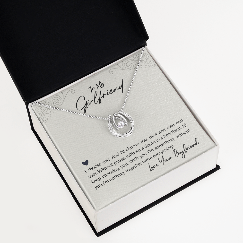 To My Girlfriend I Choose You Lucky Horseshoe Necklace Message Card 14k w CZ Crystals-Express Your Love Gifts