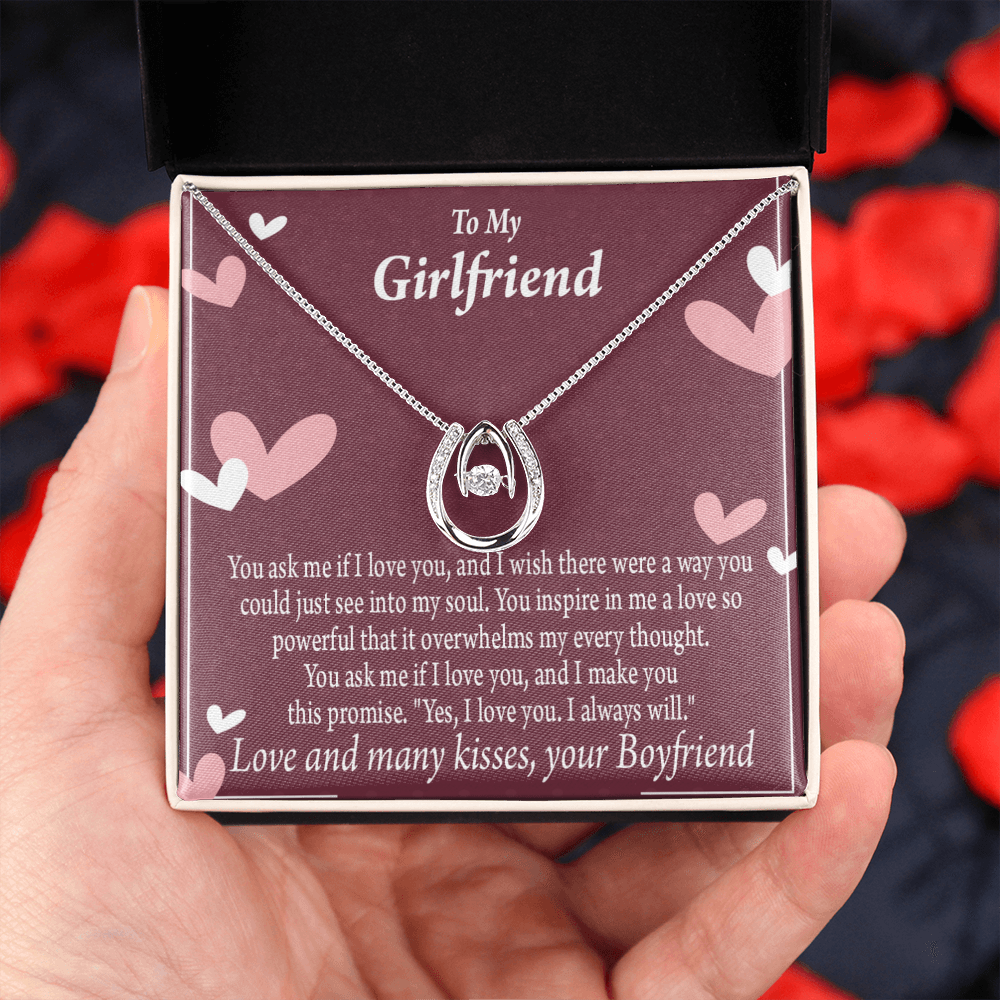 To My Girlfriend I Love You And I Always Will Lucky Horseshoe Necklace Message Card 14k w CZ Crystals-Express Your Love Gifts
