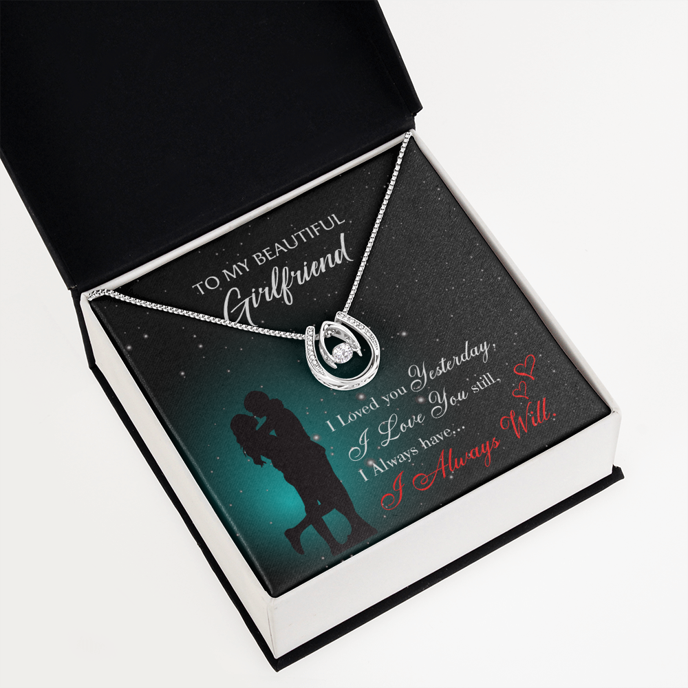 To My Girlfriend I Love You Forever Lucky Horseshoe Necklace Message Card 14k w CZ Crystals-Express Your Love Gifts