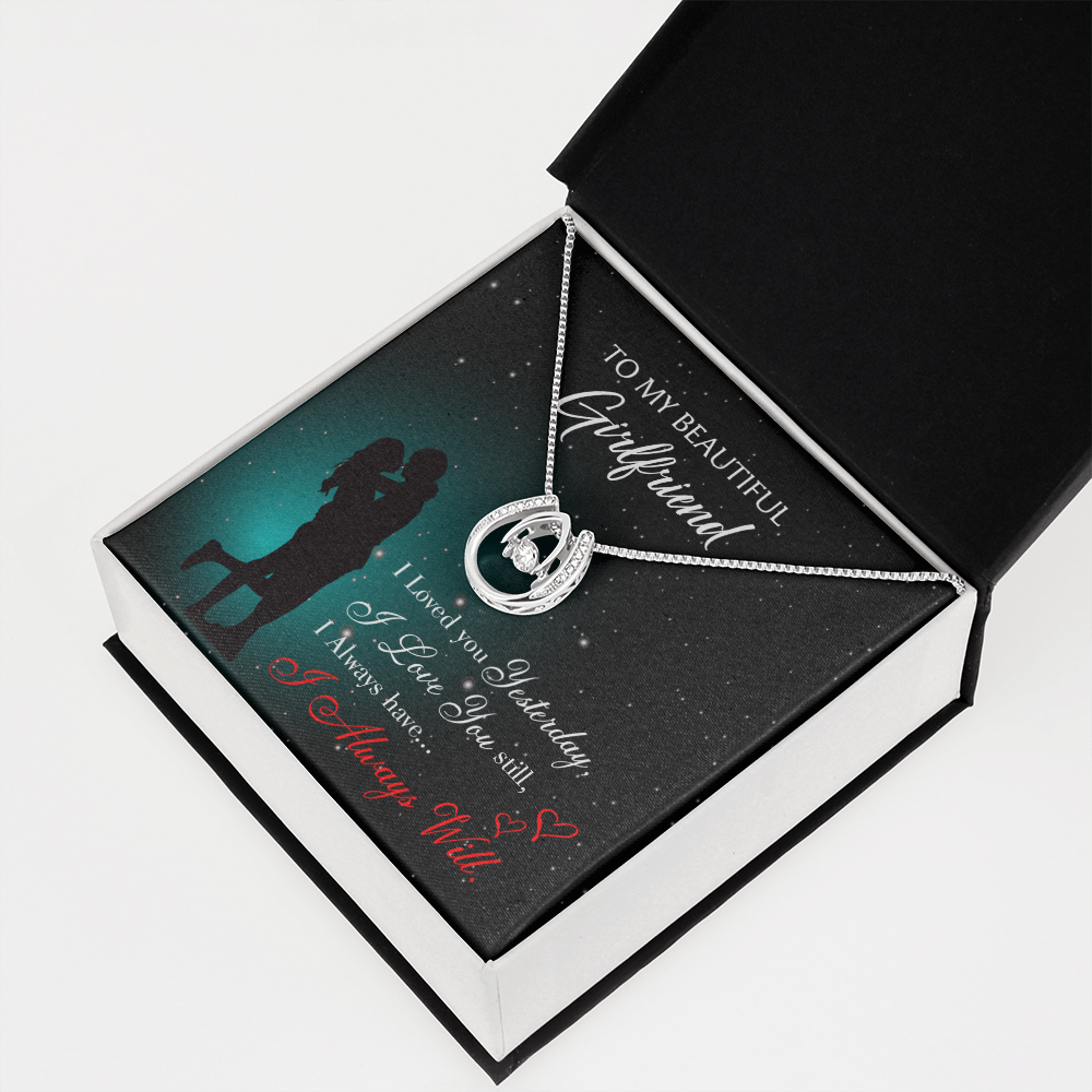 To My Girlfriend I Love You Forever Lucky Horseshoe Necklace Message Card 14k w CZ Crystals-Express Your Love Gifts