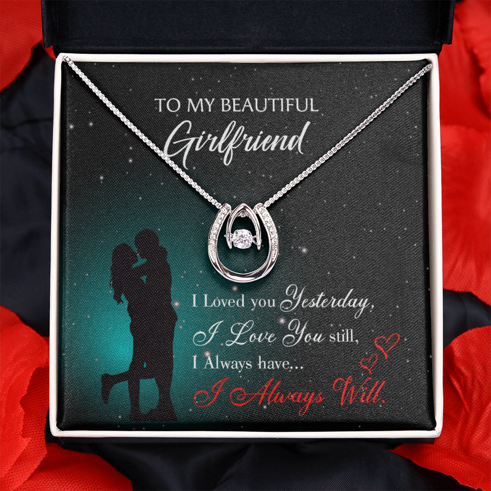 To My Girlfriend I Love You Forever Lucky Horseshoe Necklace Message Card 14k w CZ Crystals-Express Your Love Gifts