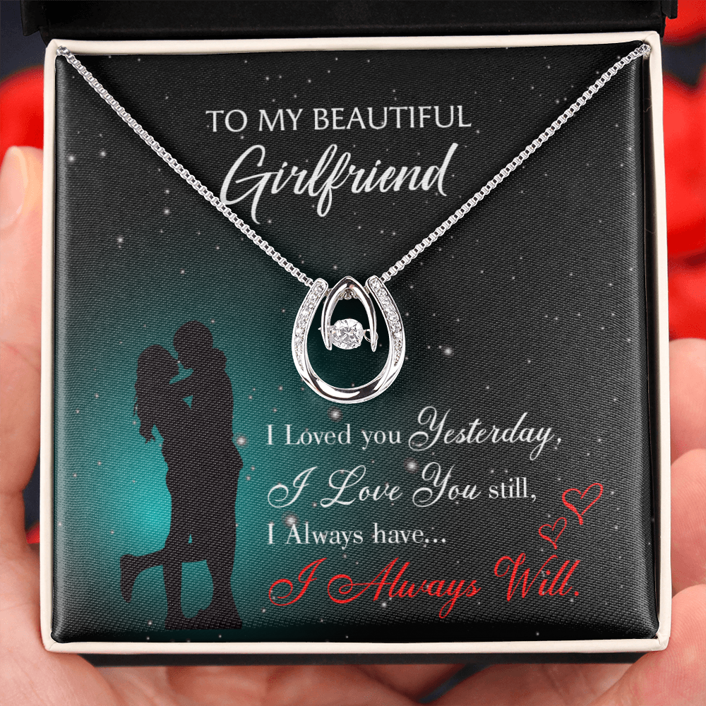 To My Girlfriend I Love You Forever Lucky Horseshoe Necklace Message Card 14k w CZ Crystals-Express Your Love Gifts