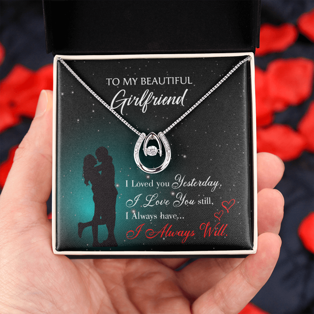 To My Girlfriend I Love You Forever Lucky Horseshoe Necklace Message Card 14k w CZ Crystals-Express Your Love Gifts
