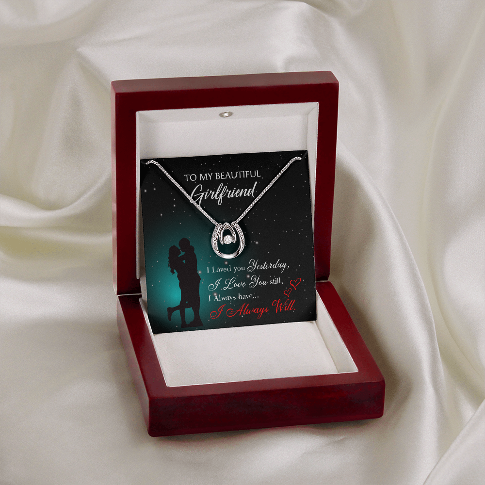 To My Girlfriend I Love You Forever Lucky Horseshoe Necklace Message Card 14k w CZ Crystals-Express Your Love Gifts