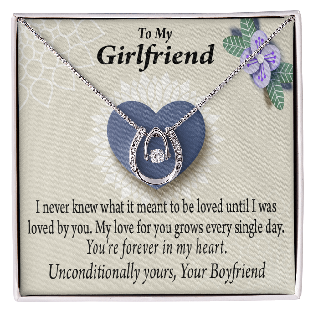 To My Girlfriend I Love You More Every Day Lucky Horseshoe Necklace Message Card 14k w CZ Crystals-Express Your Love Gifts