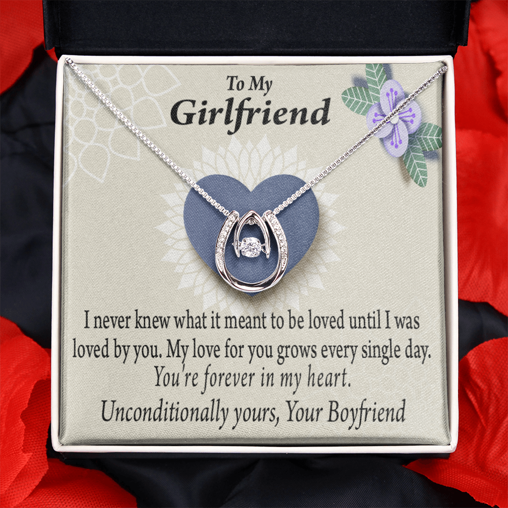 To My Girlfriend I Love You More Every Day Lucky Horseshoe Necklace Message Card 14k w CZ Crystals-Express Your Love Gifts