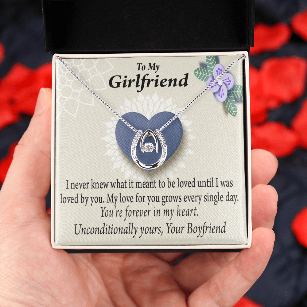 To My Girlfriend I Love You More Every Day Lucky Horseshoe Necklace Message Card 14k w CZ Crystals-Express Your Love Gifts