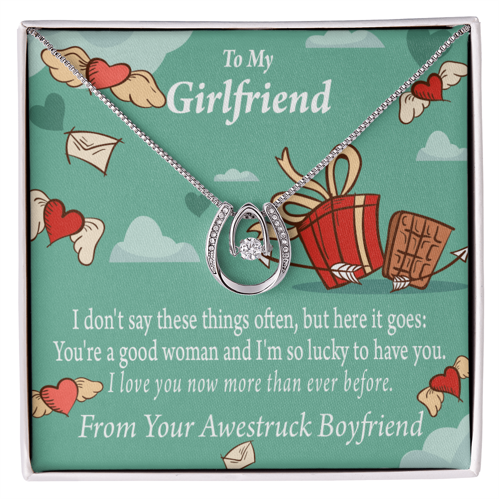 To My Girlfriend I Love You Now More Than Ever Lucky Horseshoe Necklace Message Card 14k w CZ Crystals-Express Your Love Gifts