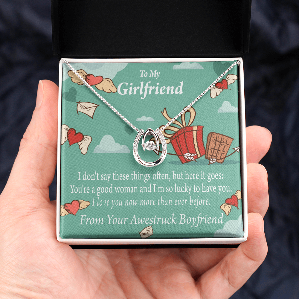 To My Girlfriend I Love You Now More Than Ever Lucky Horseshoe Necklace Message Card 14k w CZ Crystals-Express Your Love Gifts