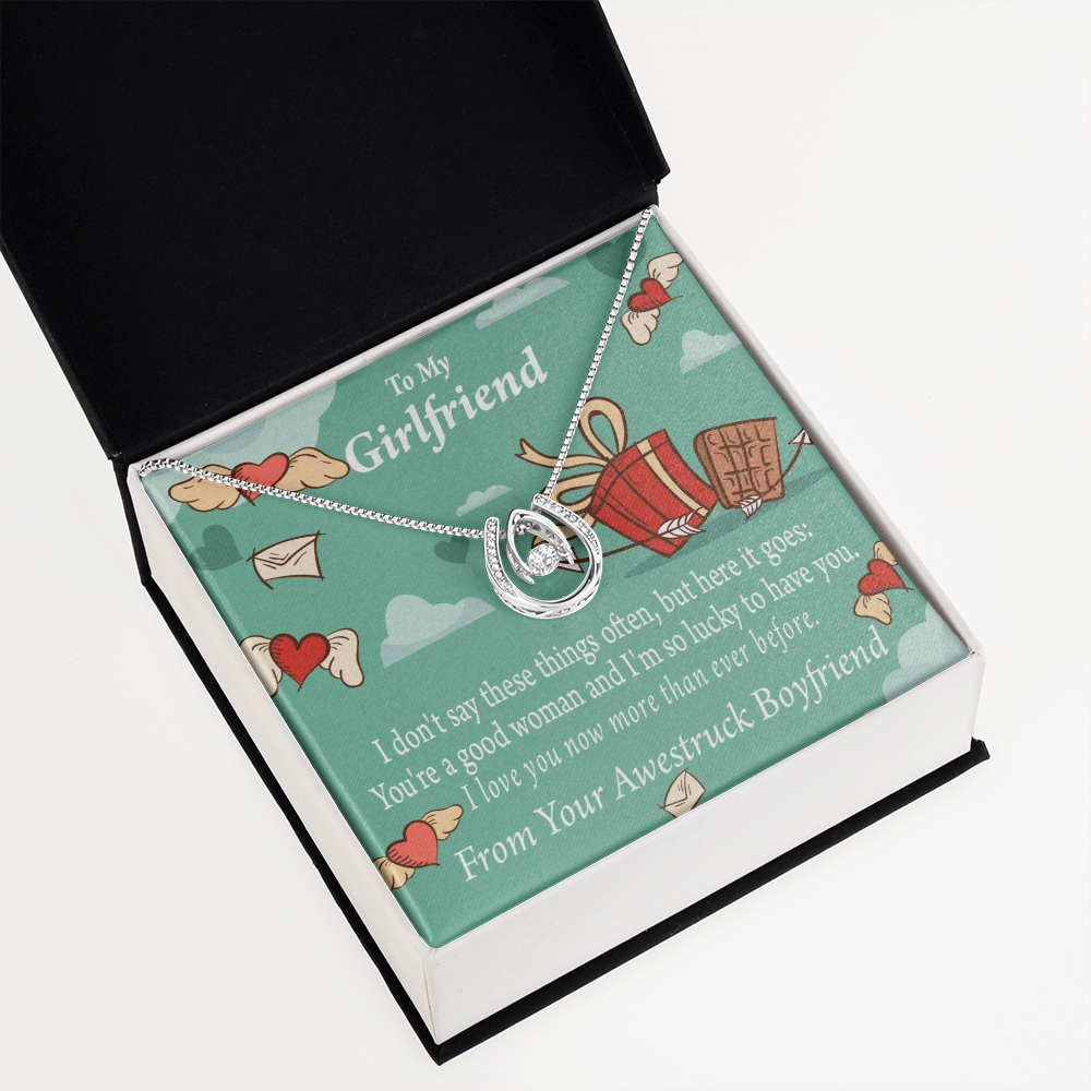 To My Girlfriend I Love You Now More Than Ever Lucky Horseshoe Necklace Message Card 14k w CZ Crystals-Express Your Love Gifts