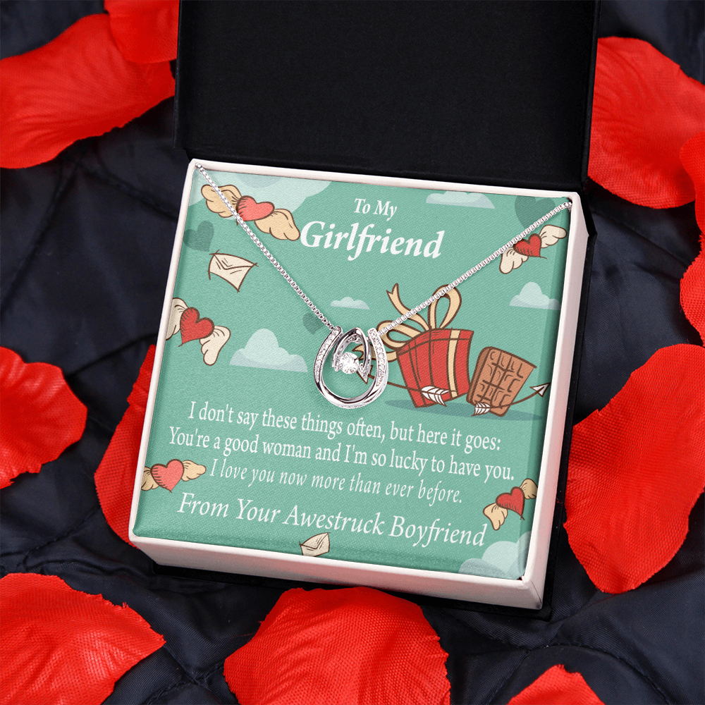To My Girlfriend I Love You Now More Than Ever Lucky Horseshoe Necklace Message Card 14k w CZ Crystals-Express Your Love Gifts