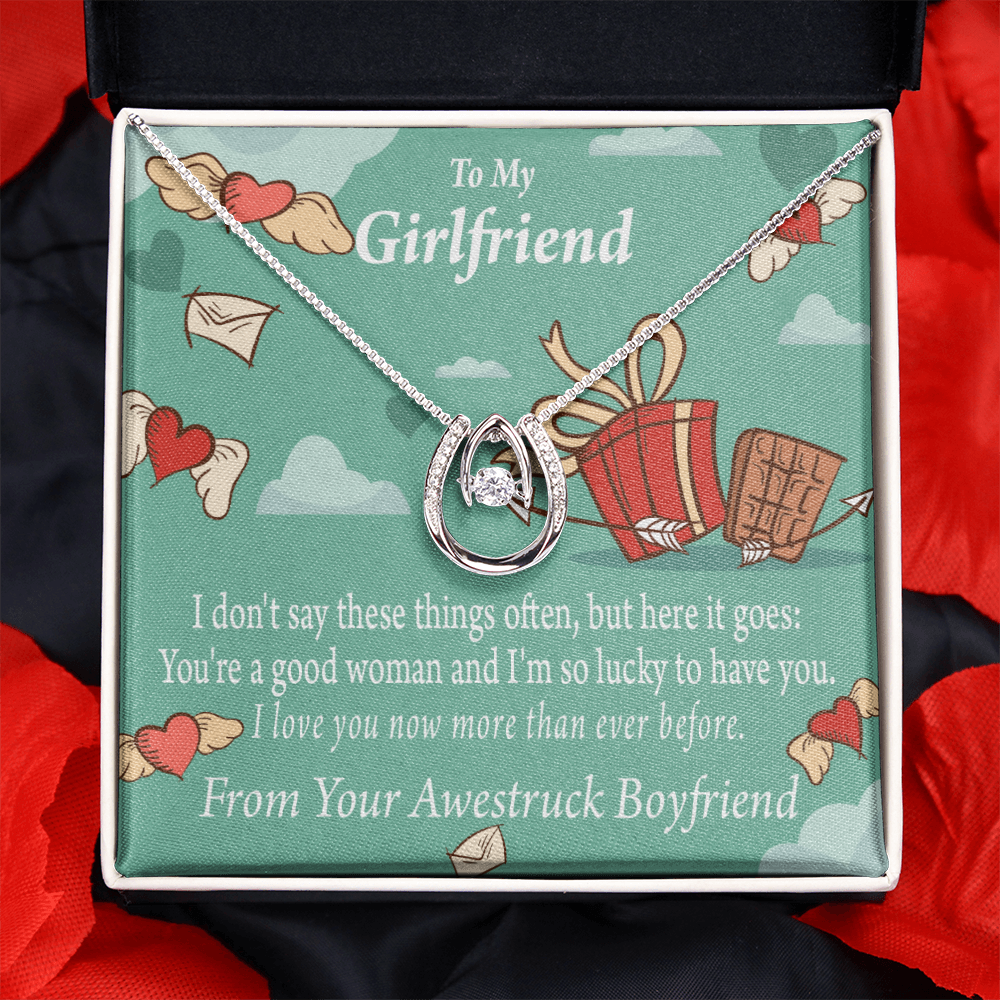 To My Girlfriend I Love You Now More Than Ever Lucky Horseshoe Necklace Message Card 14k w CZ Crystals-Express Your Love Gifts