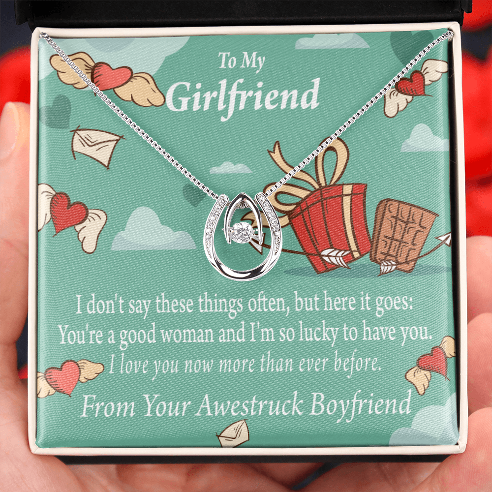 To My Girlfriend I Love You Now More Than Ever Lucky Horseshoe Necklace Message Card 14k w CZ Crystals-Express Your Love Gifts