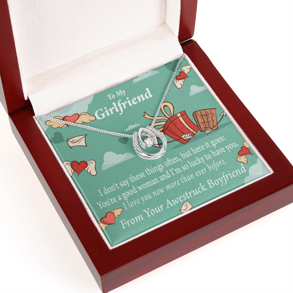 To My Girlfriend I Love You Now More Than Ever Lucky Horseshoe Necklace Message Card 14k w CZ Crystals-Express Your Love Gifts